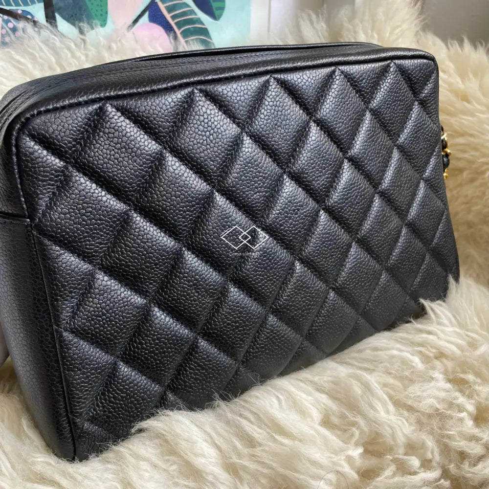 Chanel Black Caviar Knotted Double Chain Cross Body Camera Bag 24K