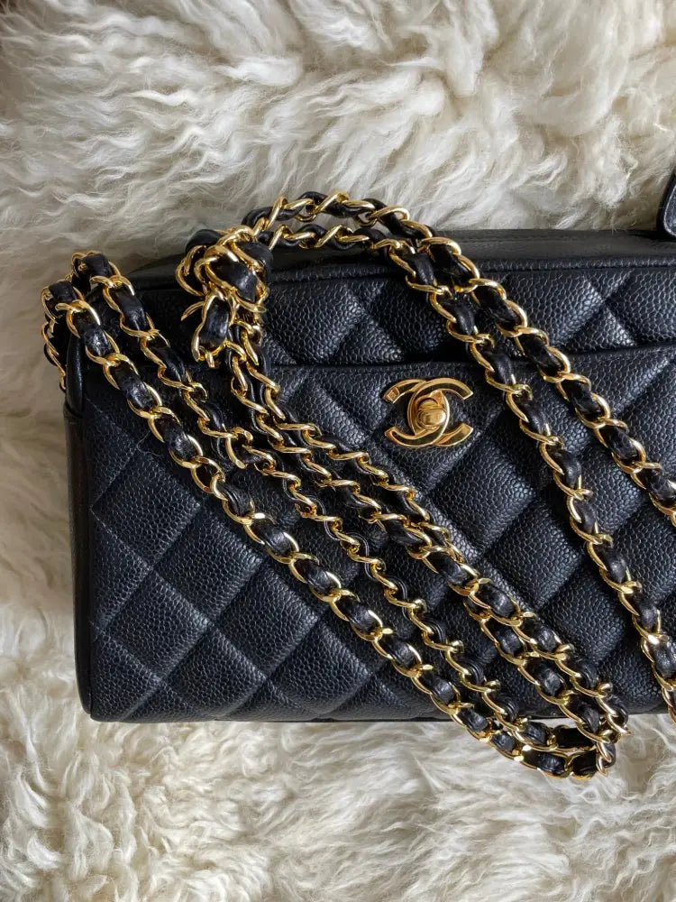 Chanel Black Caviar Knotted Double Chain Cross Body Camera Bag 24K Gold Hardware