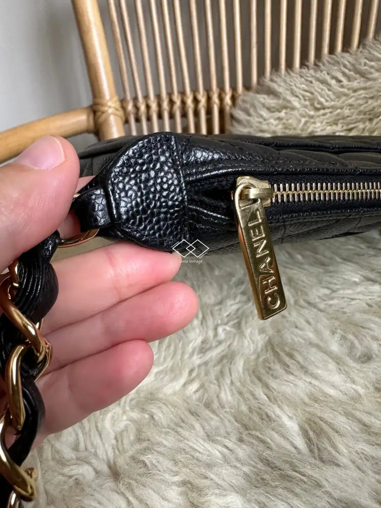 Chanel Black Caviar Quilted Pochette Shoulder Bag