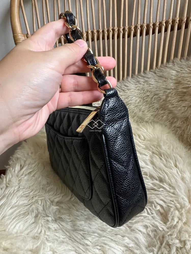 CHANEL Vintage Black Caviar Leather CC Shoulder Bag