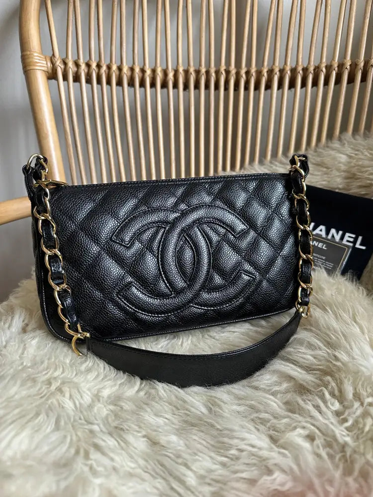 Chanel Black Caviar Quilted Pochette Shoulder Bag