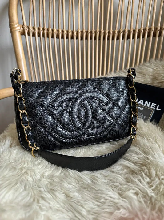 Chanel Black Caviar Quilted Pochette Shoulder Bag