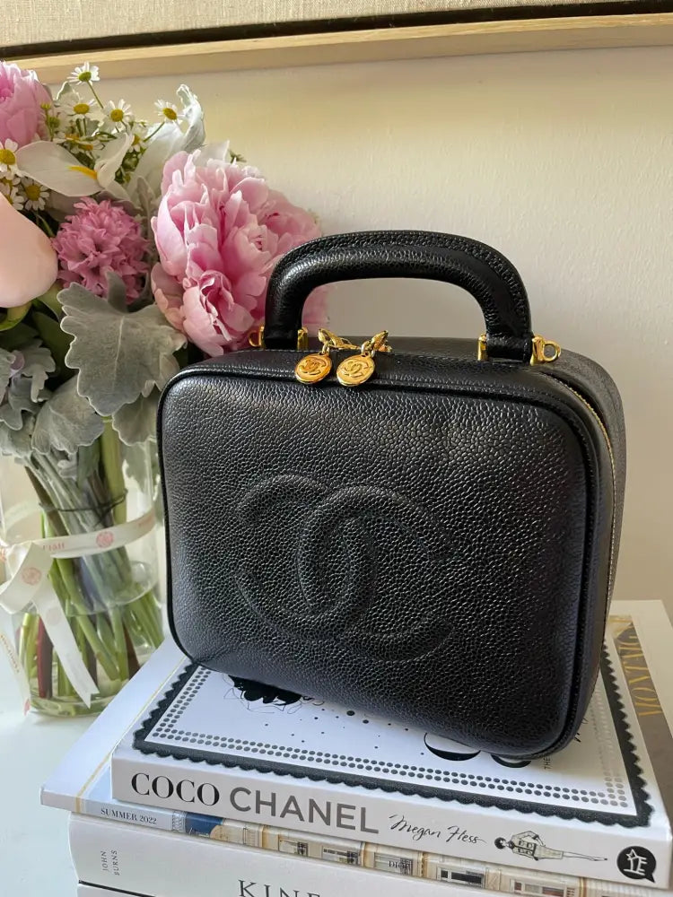 Chanel Vanity Case Rare Large Vintage 90s Top Handle Black Caviar Leat –  House of Carver