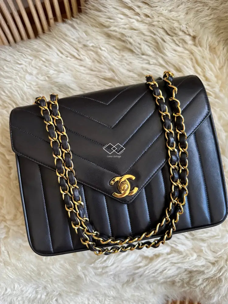 Chanel Black Vertical Chevron Lambskin Flap Bag