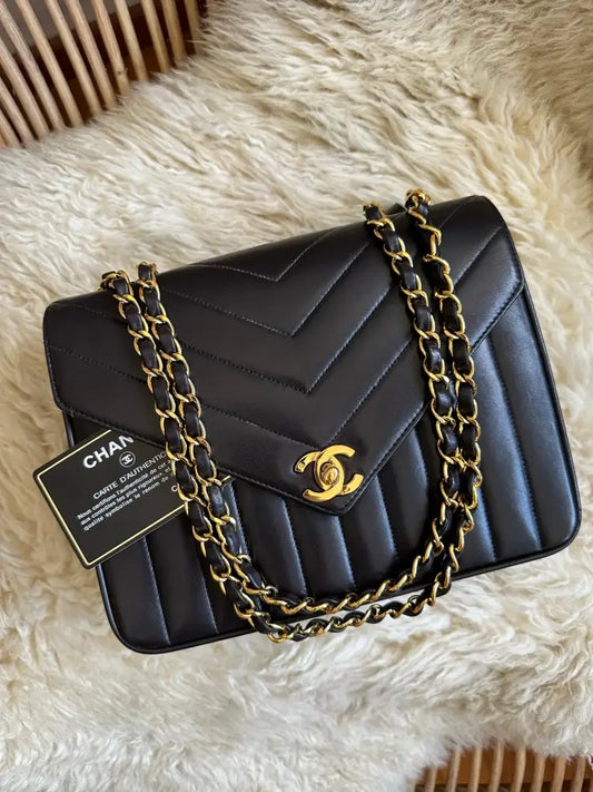 Chanel Vintage Mini Black Chevron Quilted Lambskin Envelope Flap