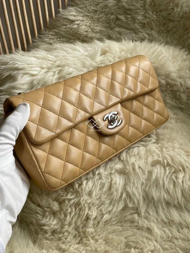 Chanel Beige Quilted Caviar Medium Classic Double Flap Silver Hardware