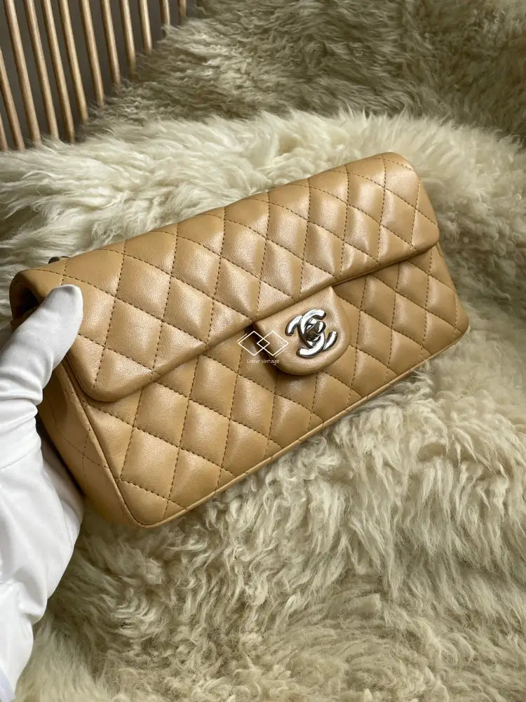 Chanel Dark Beige Lambskin East West Flap Silver Hardware