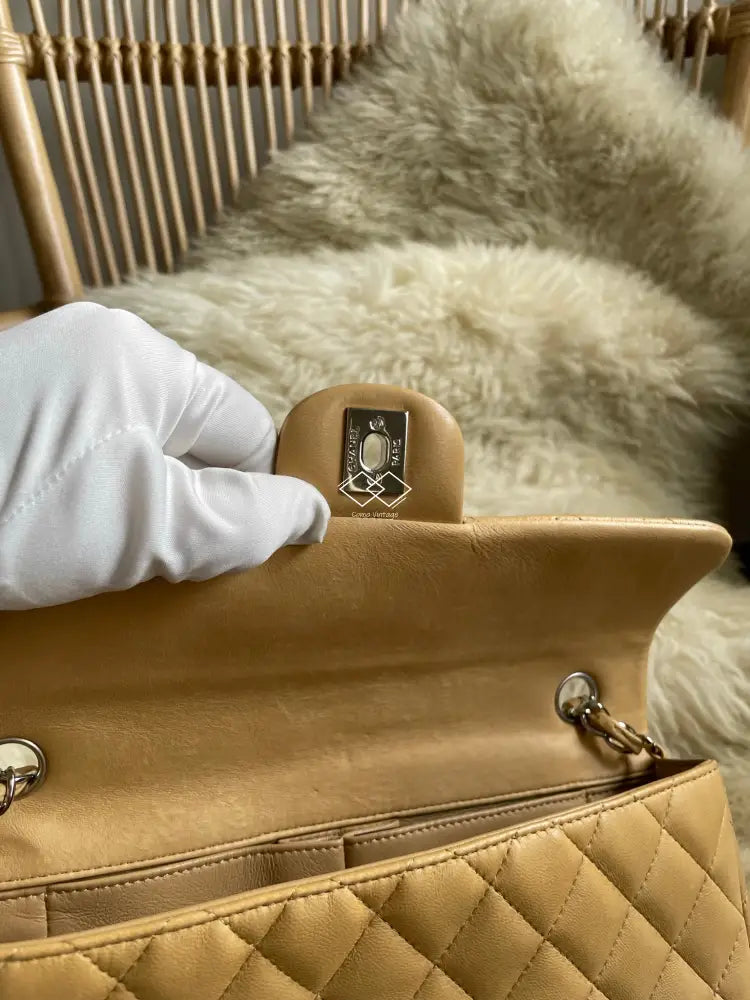 Chanel Dark Beige Lambskin East West Flap Silver Hardware