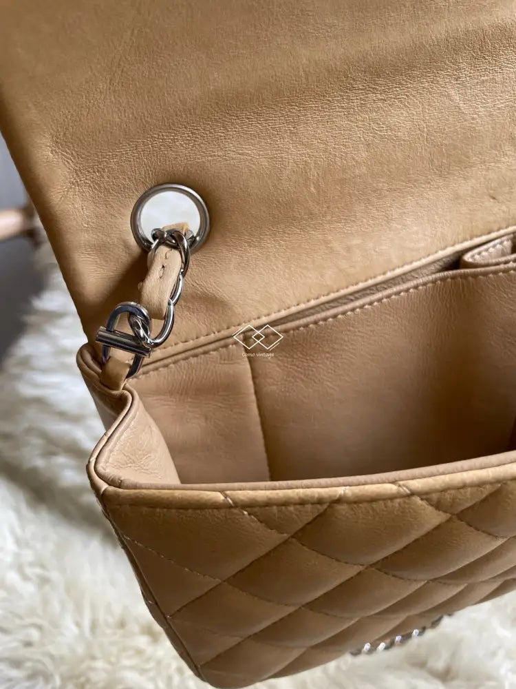 Chanel Dark Beige Lambskin East West Flap Silver Hardware