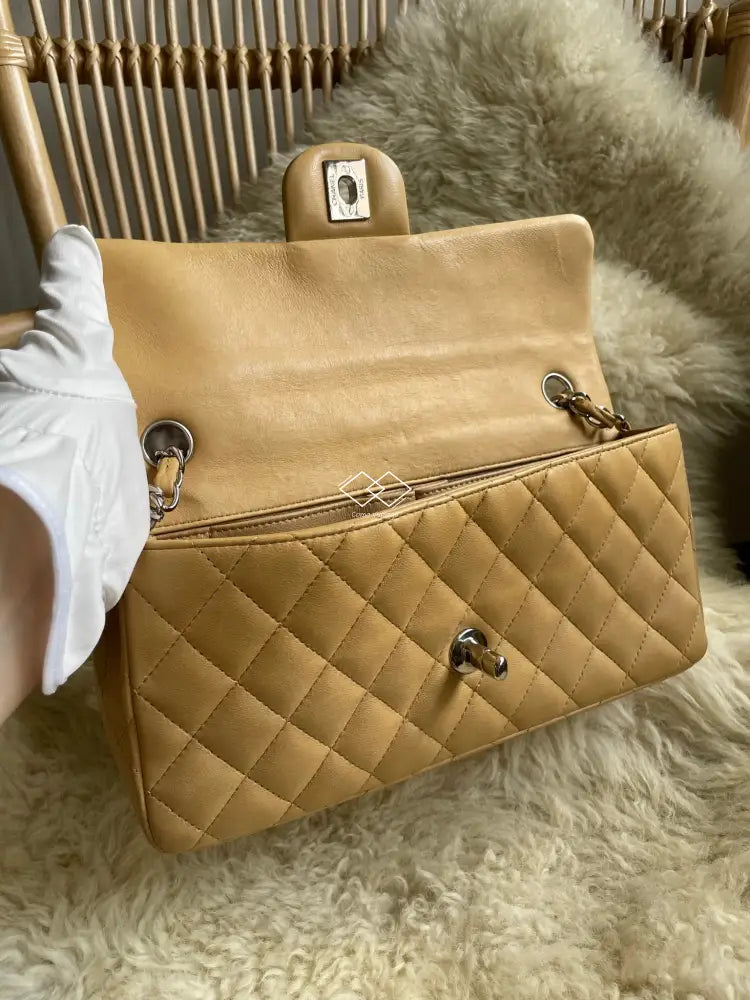 Chanel Dark Beige Lambskin East West Flap Silver Hardware
