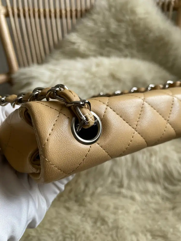 Chanel Dark Beige Lambskin East West Flap Silver Hardware