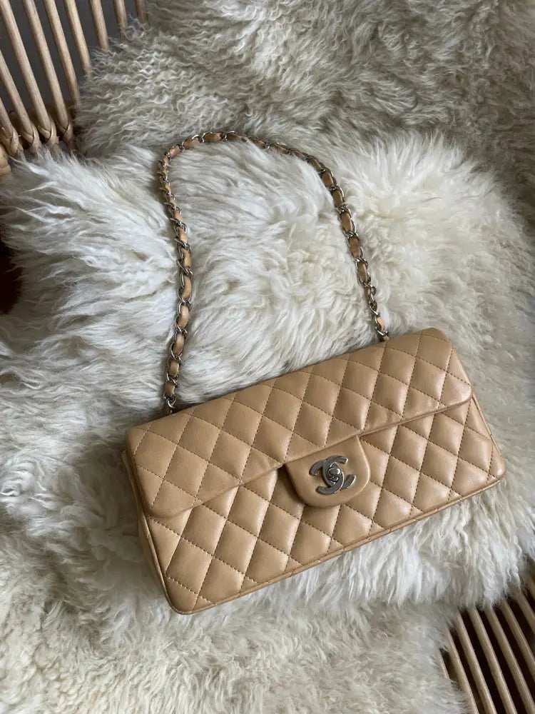 Chanel Dark Beige Lambskin East West Flap Silver Hardware