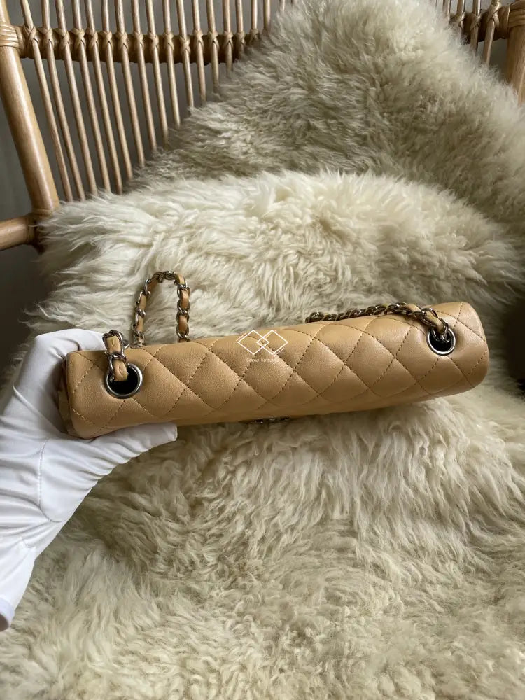 Chanel Dark Beige Lambskin East West Flap Silver Hardware
