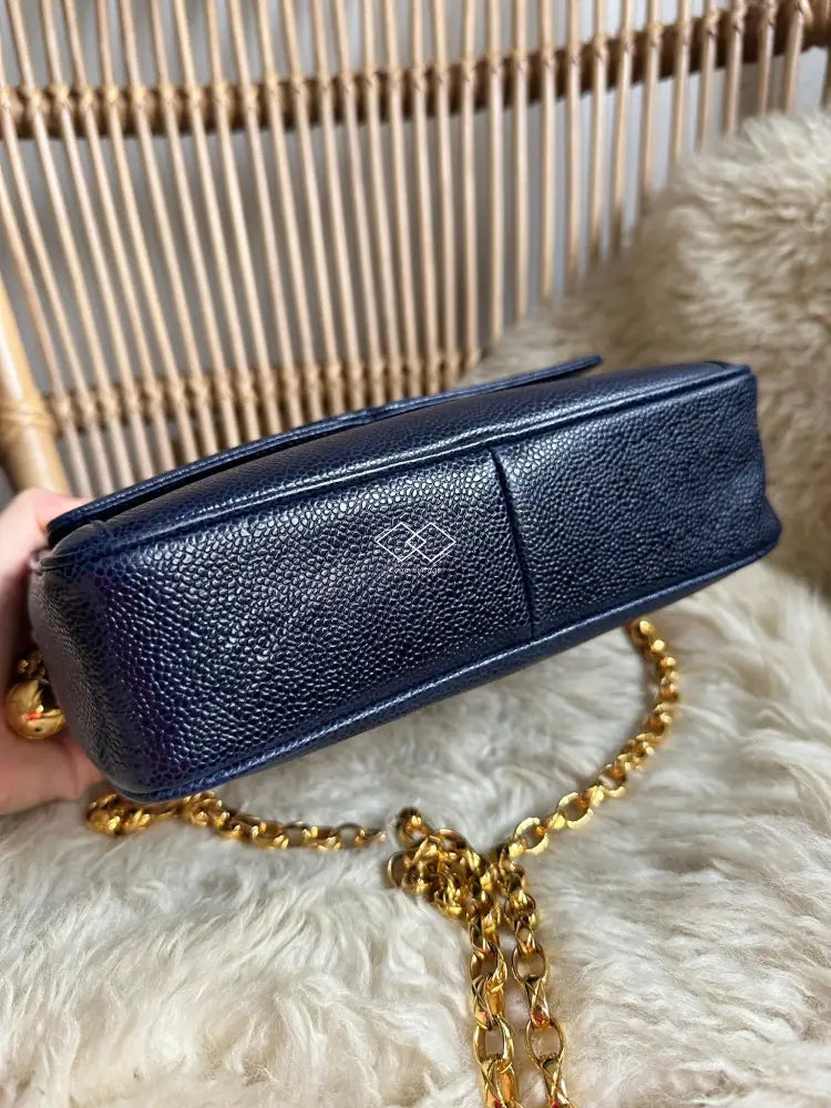 CHANEL Classic Navy Caviar Compact Quilted Flap Chevron Wallet