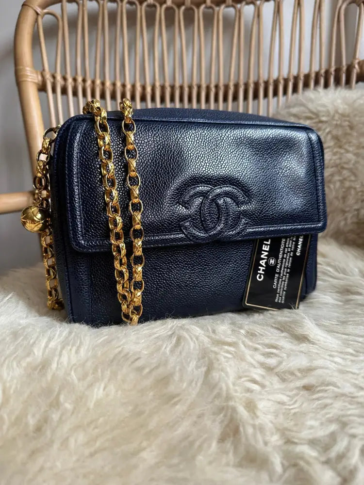 Chanel Deep Blue Caviar Camera Bag With 24K Bijoux Gold Hardware