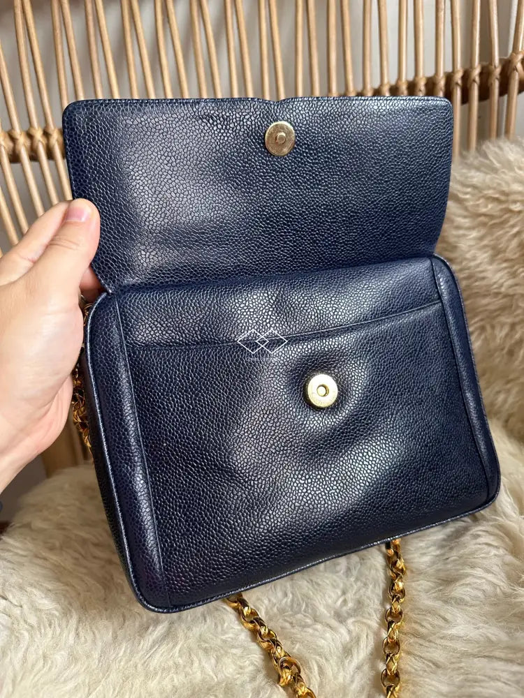Chanel Deep Blue Caviar Camera Bag With 24K Bijoux Gold Hardware