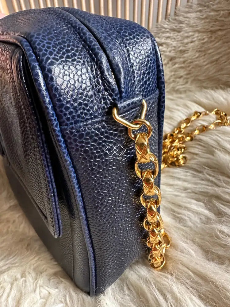 Chanel Deep Blue Caviar Camera Bag With 24K Bijoux Gold Hardware