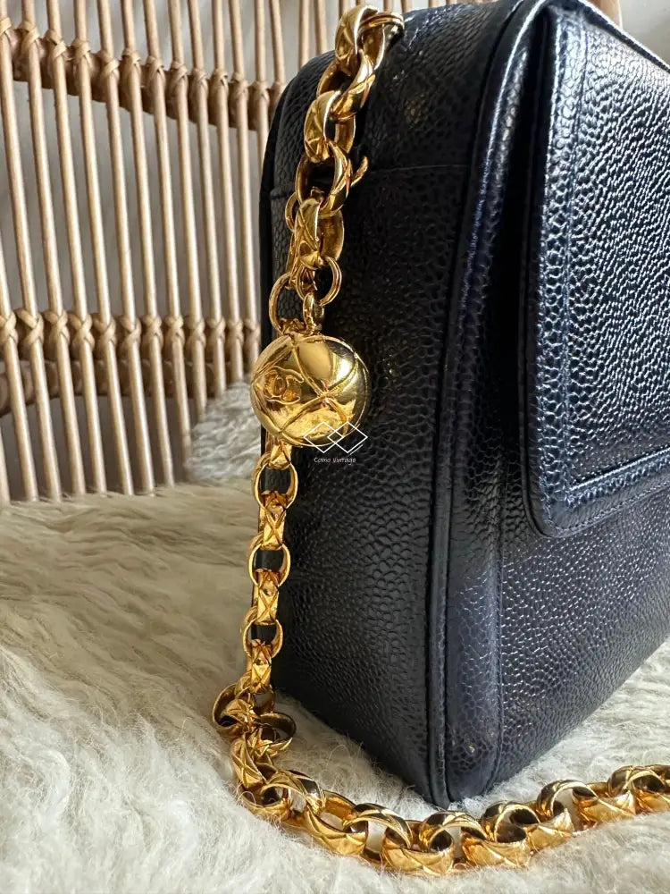 Vintage Chanel Cabas bag Navy leather and gold chain For Sale at