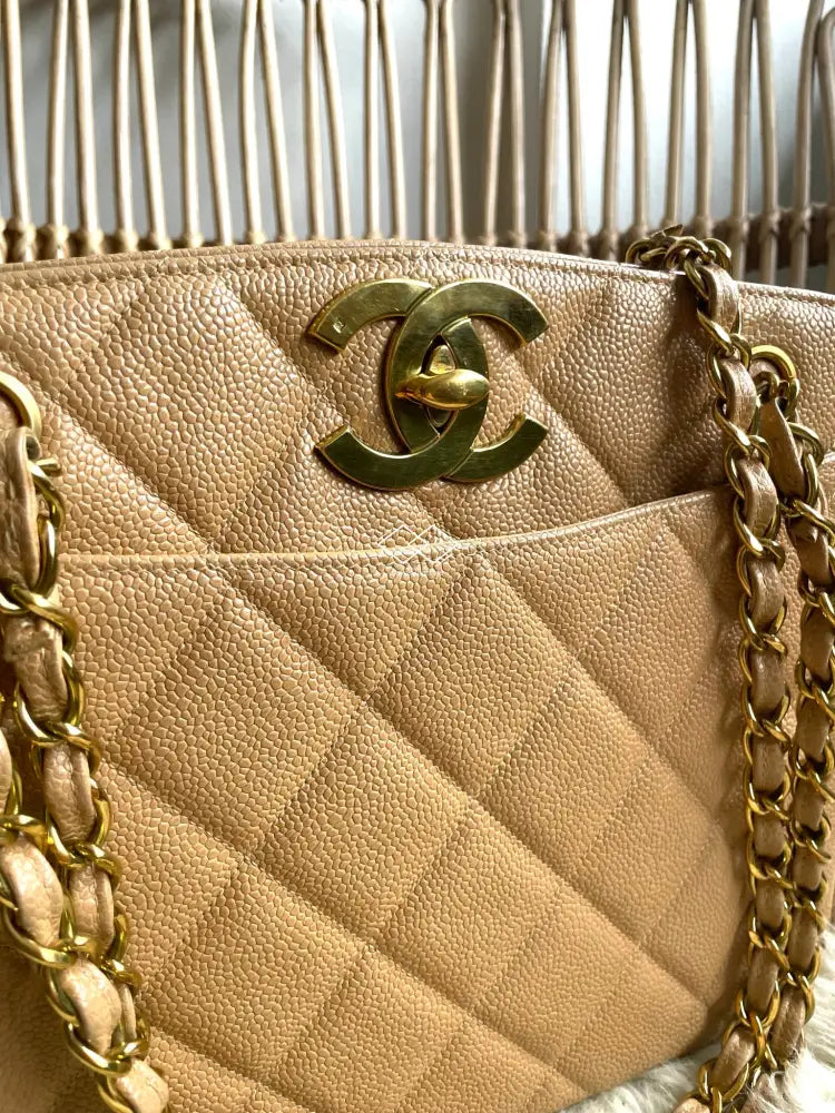 Chanel Milk Tea Big CC Turnlock Caviar Tote 24k Gold Hardware