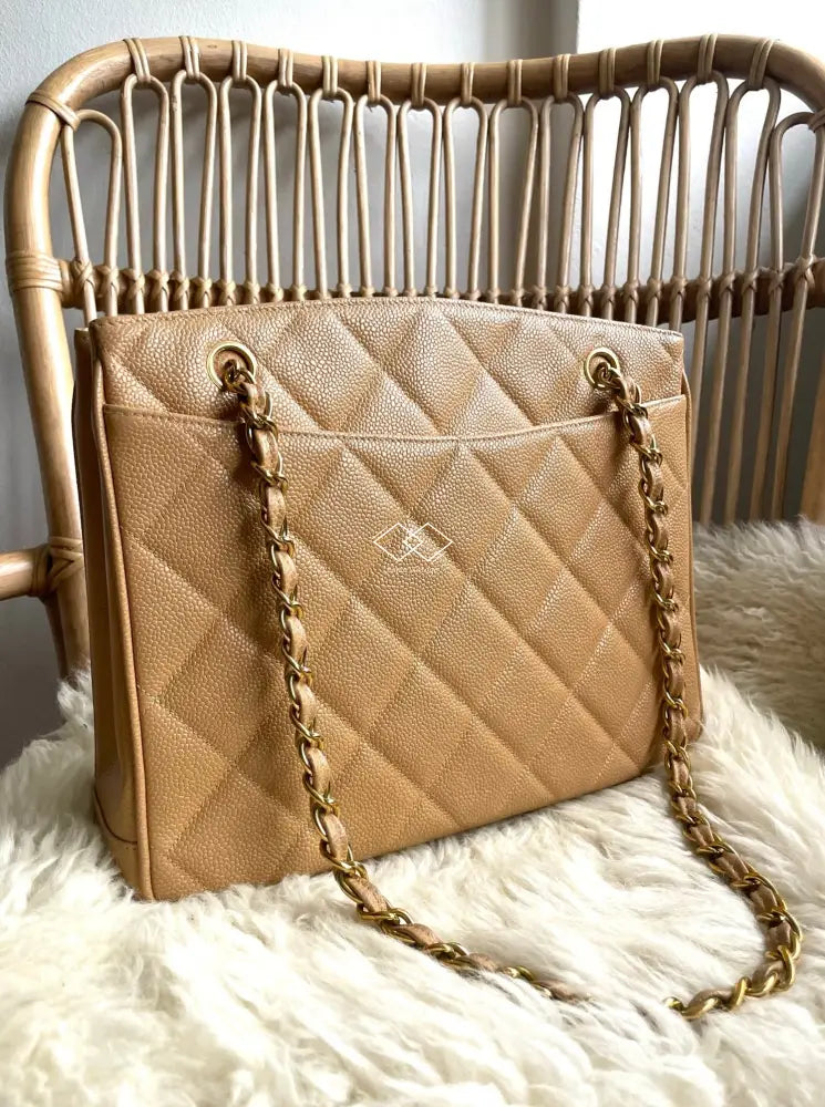 Chanel Milk Tea Big CC Turnlock Caviar Tote 24k Gold Hardware