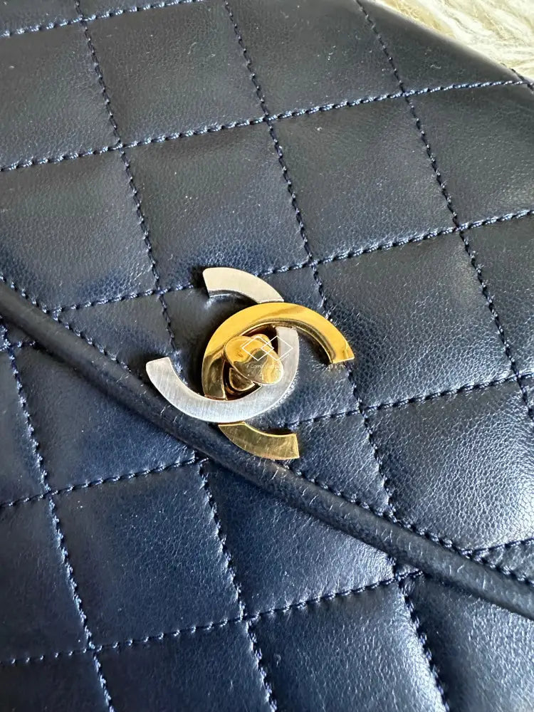 Chanel Navy Blue Quilted Lambskin Crossbody / Clutch Paris Limited Lock Design