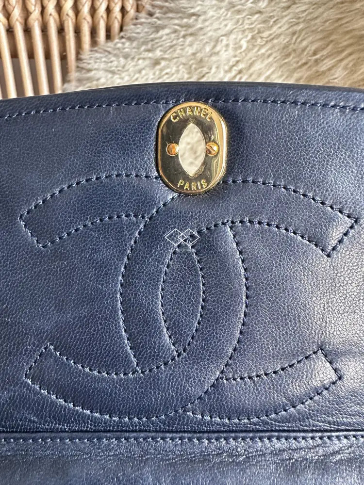 Chanel Navy Blue Quilted Lambskin Crossbody / Clutch Paris Limited Lock Design