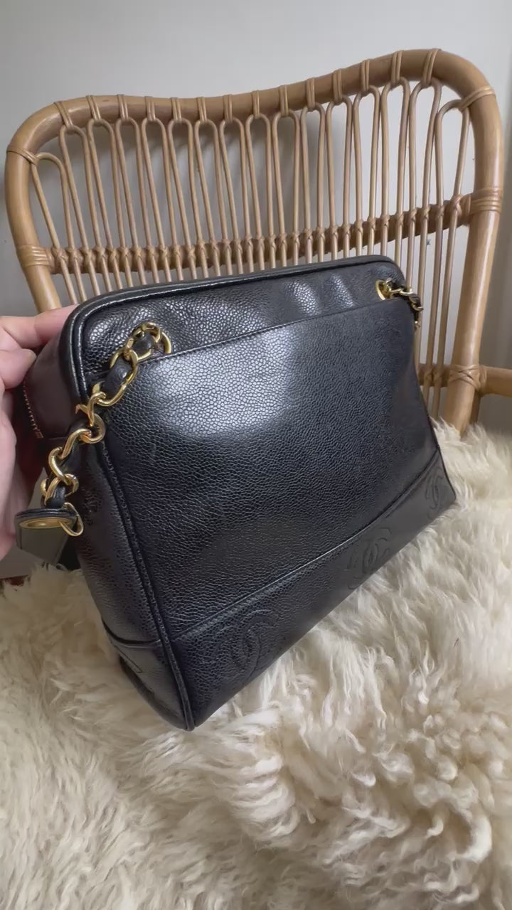 Vintage Chanel CC Chain Shopping Tote Bag Black Lambskin Gold Hardware