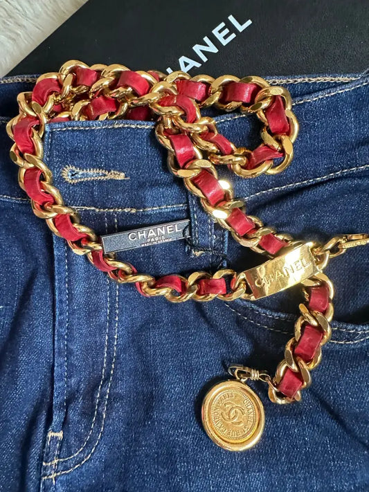 Rare! Chanel Gold Chain Red Leather Belt With Medallion