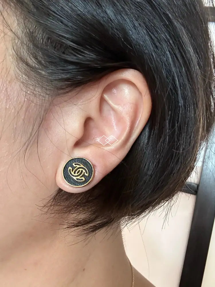 Vintage Chanel Round Black 24K Gold Stud Earring