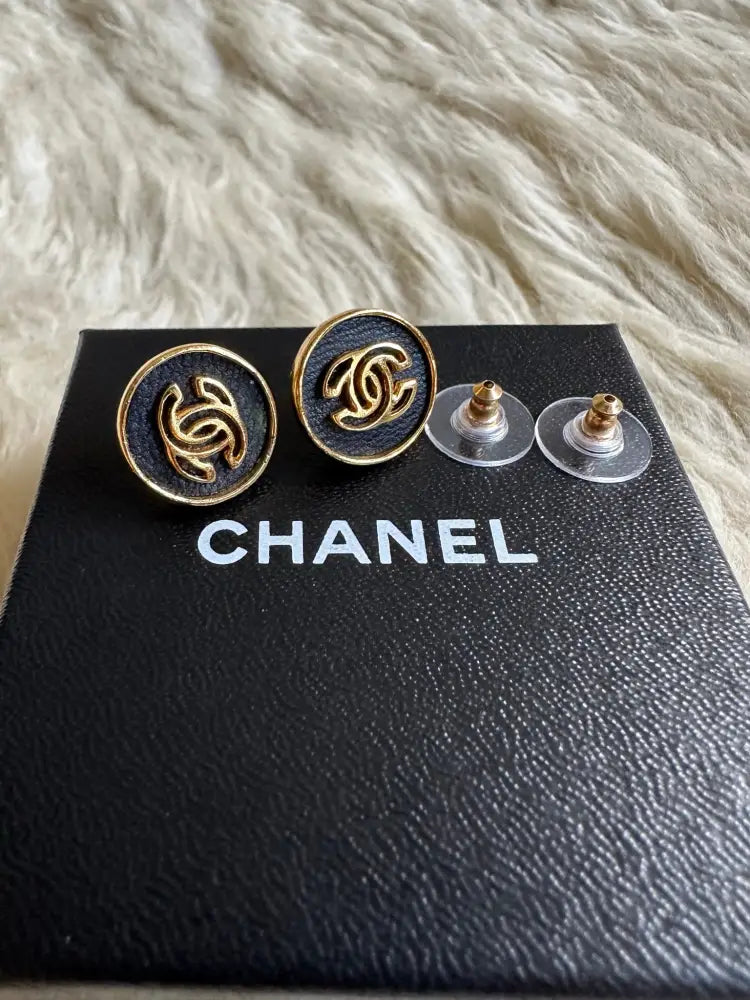 Vintage Chanel Round Black 24K Gold Stud Earring