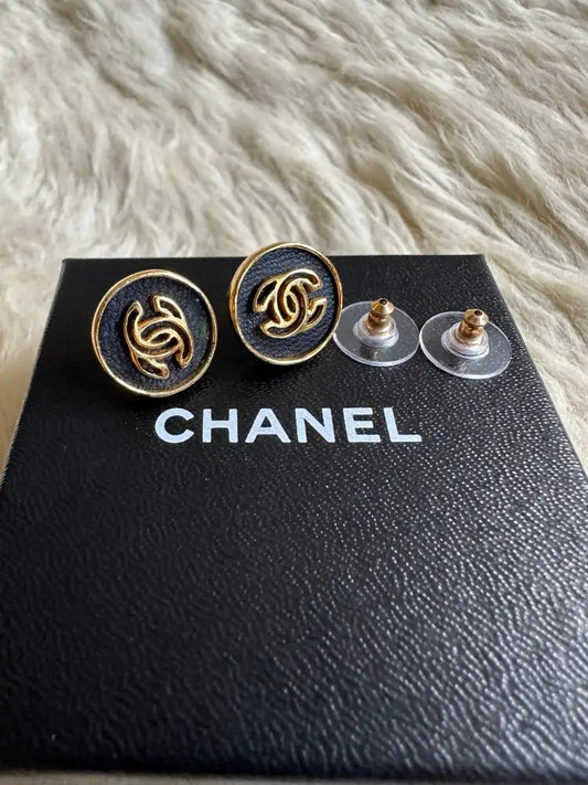 Vintage Chanel Round Black 24K Gold Stud Earring