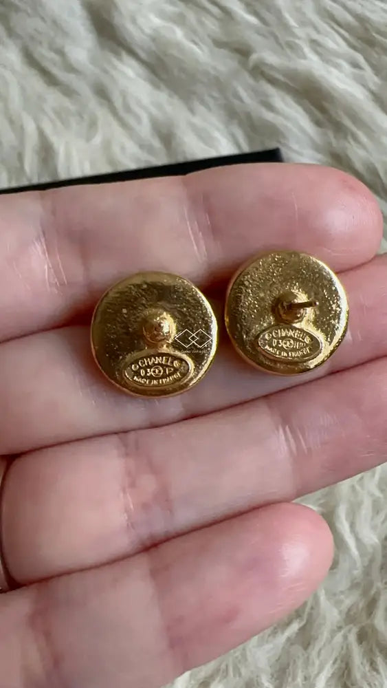 Vintage Chanel Round Black 24K Gold Stud Earring